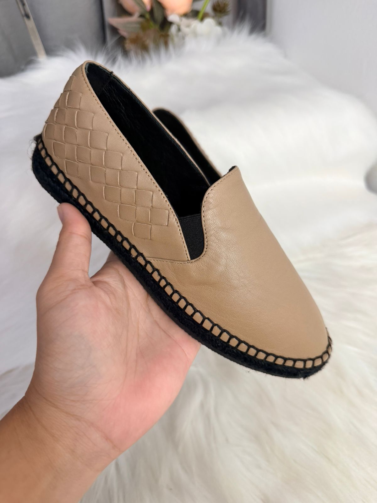 Bottega Veneta Beige Intrecciato Leather Espadrille Flats Size 34