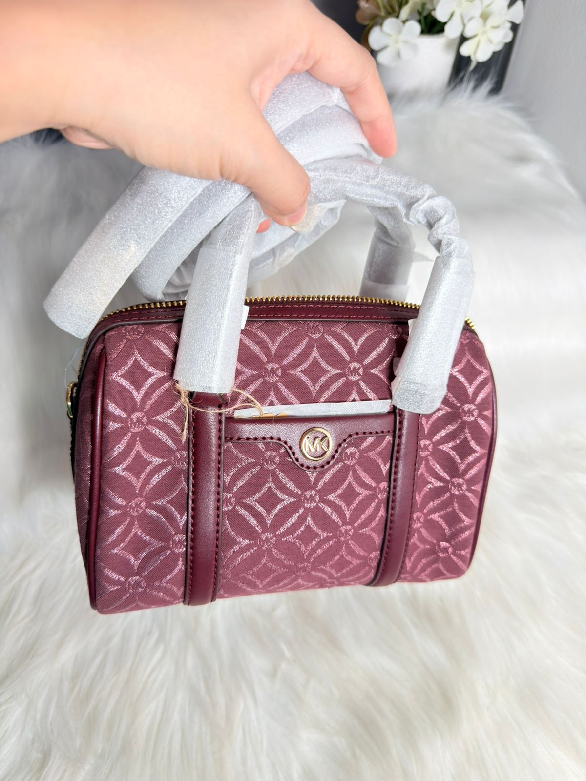 MICHAEL KORS TRAVEL MINI DUFFLE SATCHEL SHOULDER BAG GRAPHIC LOGO GLITTER OXBLOOD