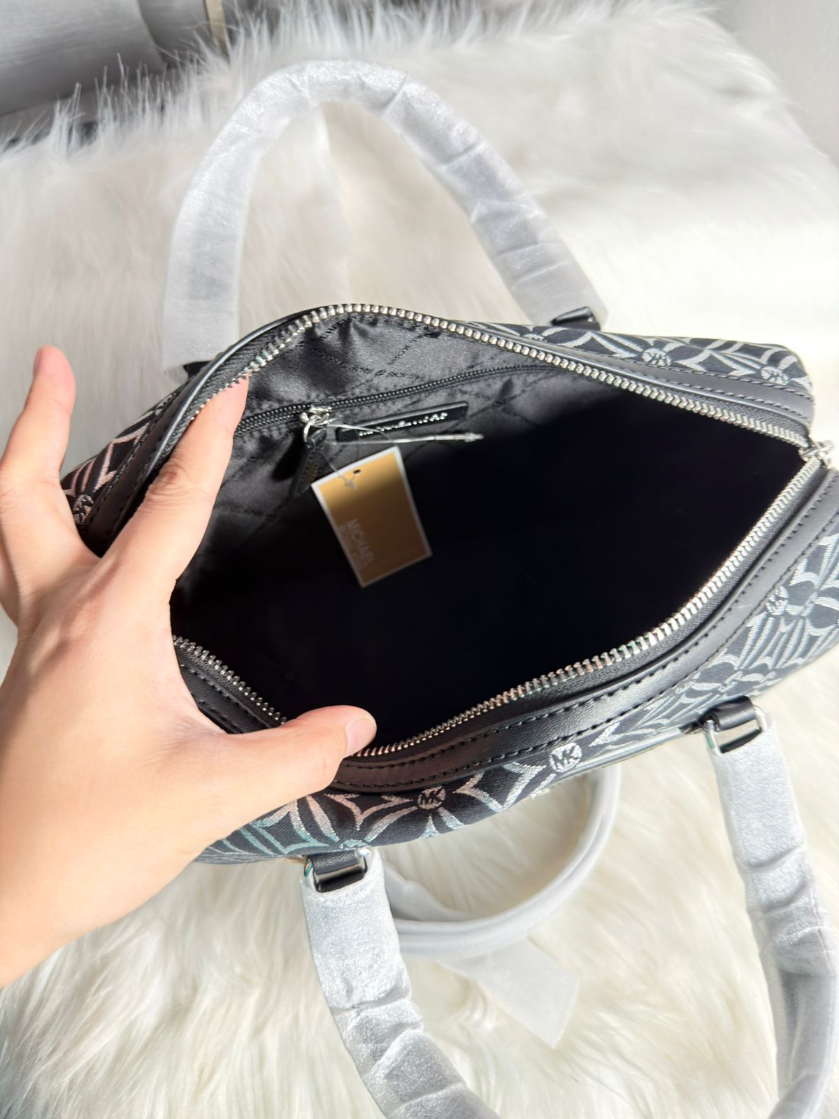 Michael Kors Travel Medium Metallic Jacquard Logo Duffle Satchel Shoulder Crossbody Bag