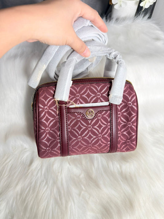 MICHAEL KORS TRAVEL MINI DUFFLE SATCHEL SHOULDER BAG GRAPHIC LOGO GLITTER OXBLOOD