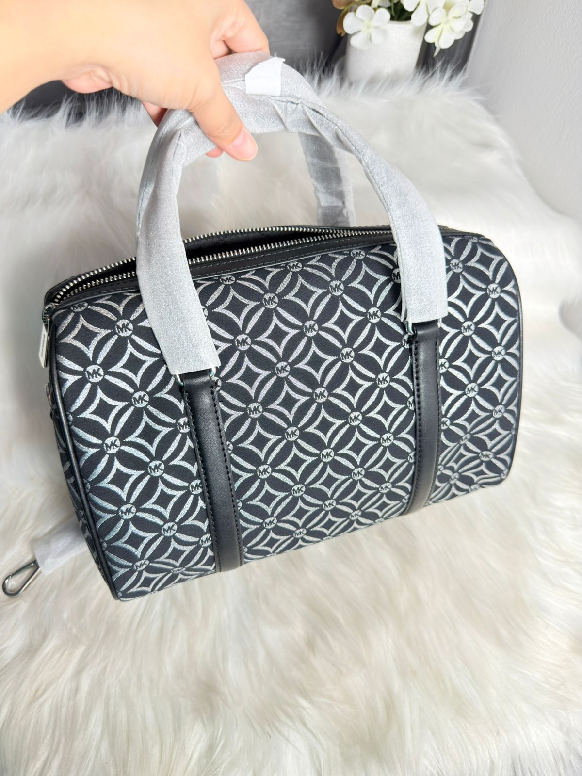 Michael Kors Travel Medium Metallic Jacquard Logo Duffle Satchel Shoulder Crossbody Bag