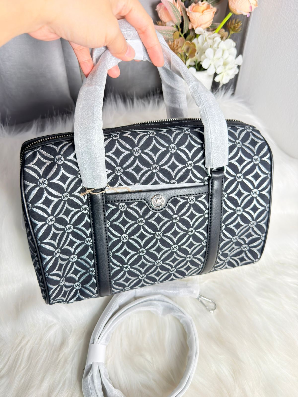Michael Kors Travel Medium Metallic Jacquard Logo Duffle Satchel Shoulder Crossbody Bag