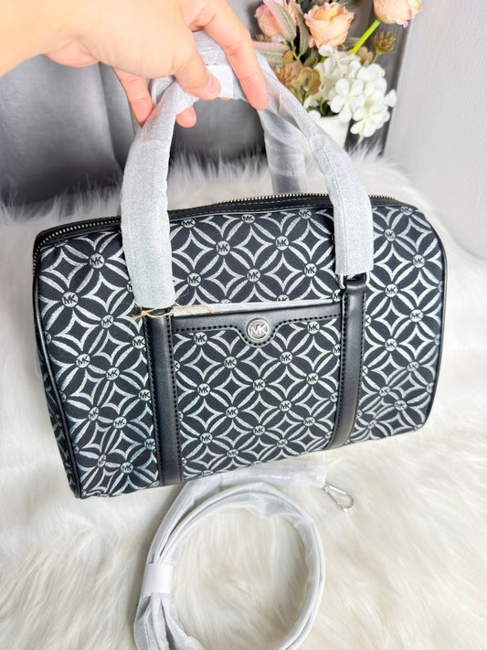 Michael Kors Travel Medium Metallic Jacquard Logo Duffle Satchel Shoulder Crossbody Bag